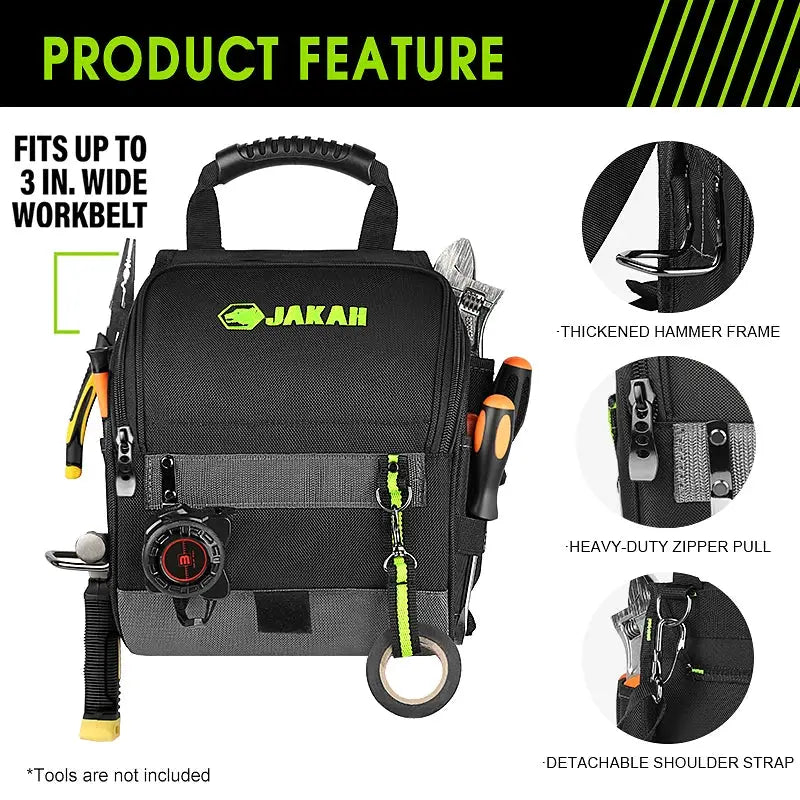 JAKAH electricians tool pouch, black with green accents, multi-pocket design.
