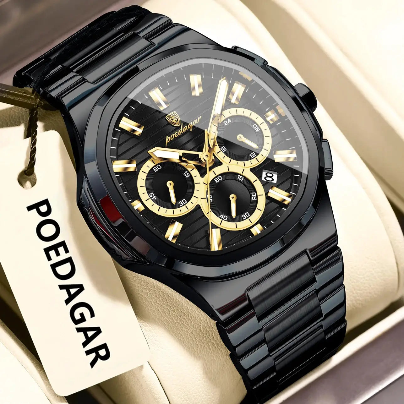 POEDAGAR men's stainless steel wristwatch with black dial, gold-tone chronograph subdials and date window.