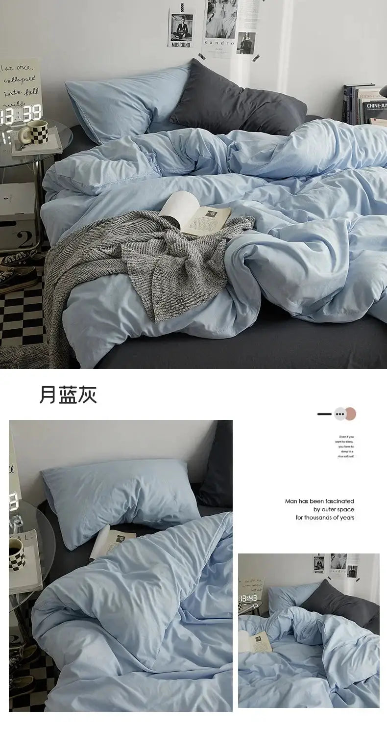 Simples Market 4-piece solid light blue double-washed cotton bedding duvet set