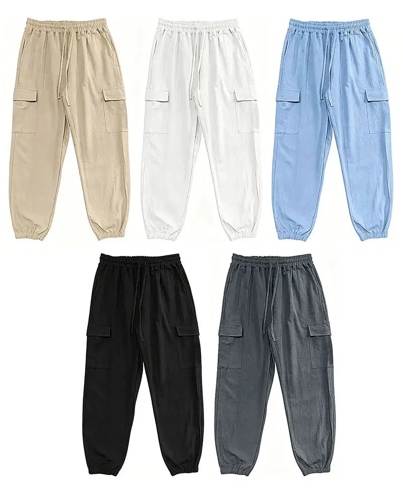 Men's cotton-linen blend cargo jogger pants; elastic drawstring waist, cargo pockets, Simples Market.