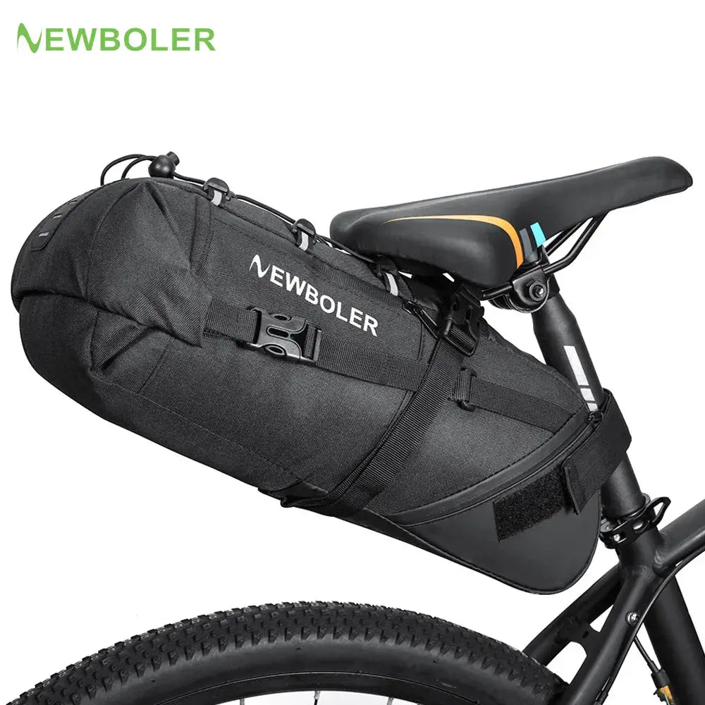 NEWBOLER 10L waterproof bike saddle bag attached to a mountain bike, showcasing its sleek design and durability.