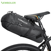 NEWBOLER 10L waterproof bike saddle bag attached to a mountain bike, showcasing its sleek design and durability.