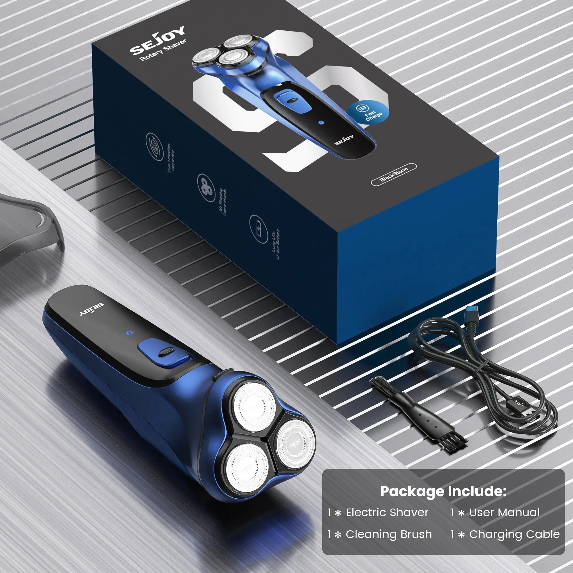 Sejoy rotary electric shaver for men by Simples Market, blue and black with three circular heads