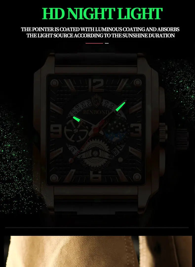 BINBOND men's wristwatch with gold-tone case, metal bracelet, and luminous green hands