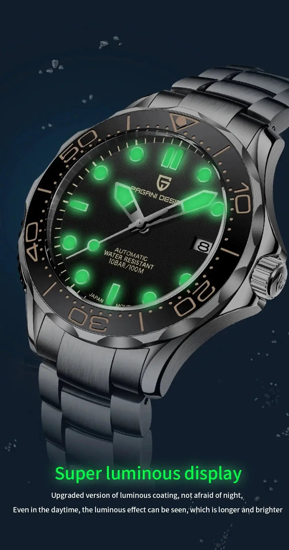 PAGANI DESIGN 007 men's automatic stainless steel watch with luminous green markers