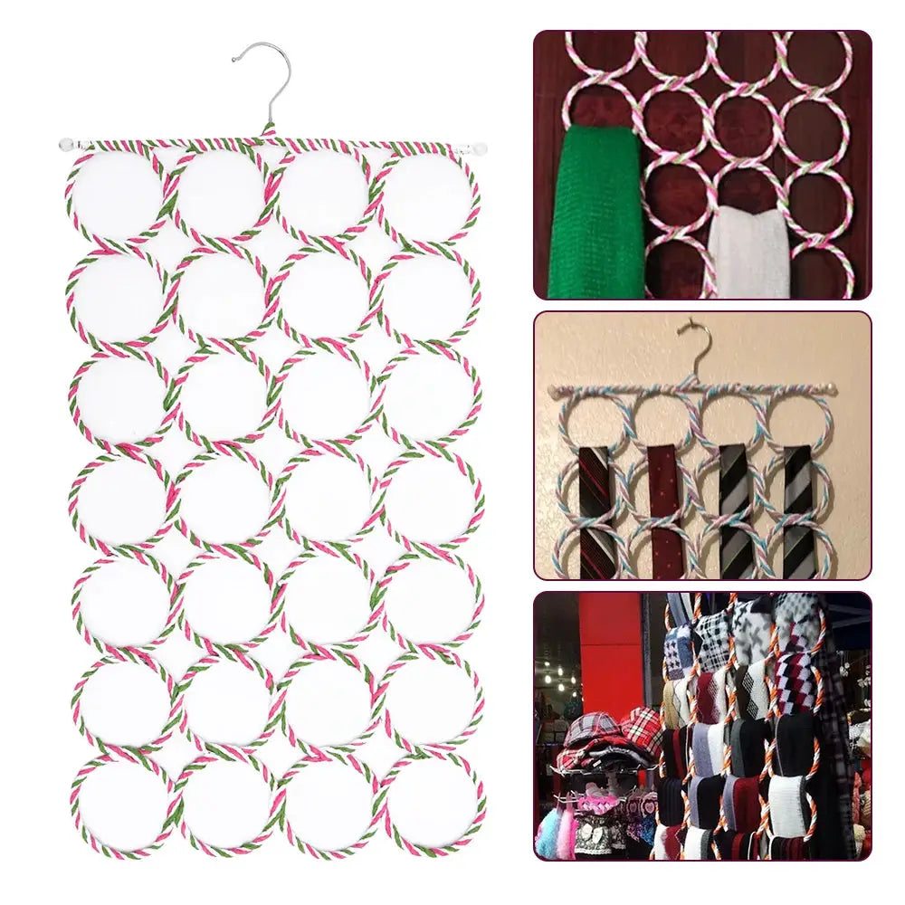 28-hole scarf organizer rack with foldable hanger, white and pink-green twisted rope circular loops.