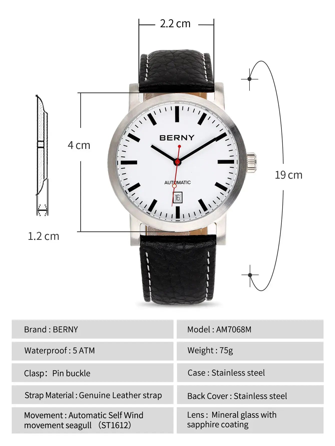 BERNY men's wristwatch AM7068M, automatic self-wind, white dial, stainless steel case, black leather strap.