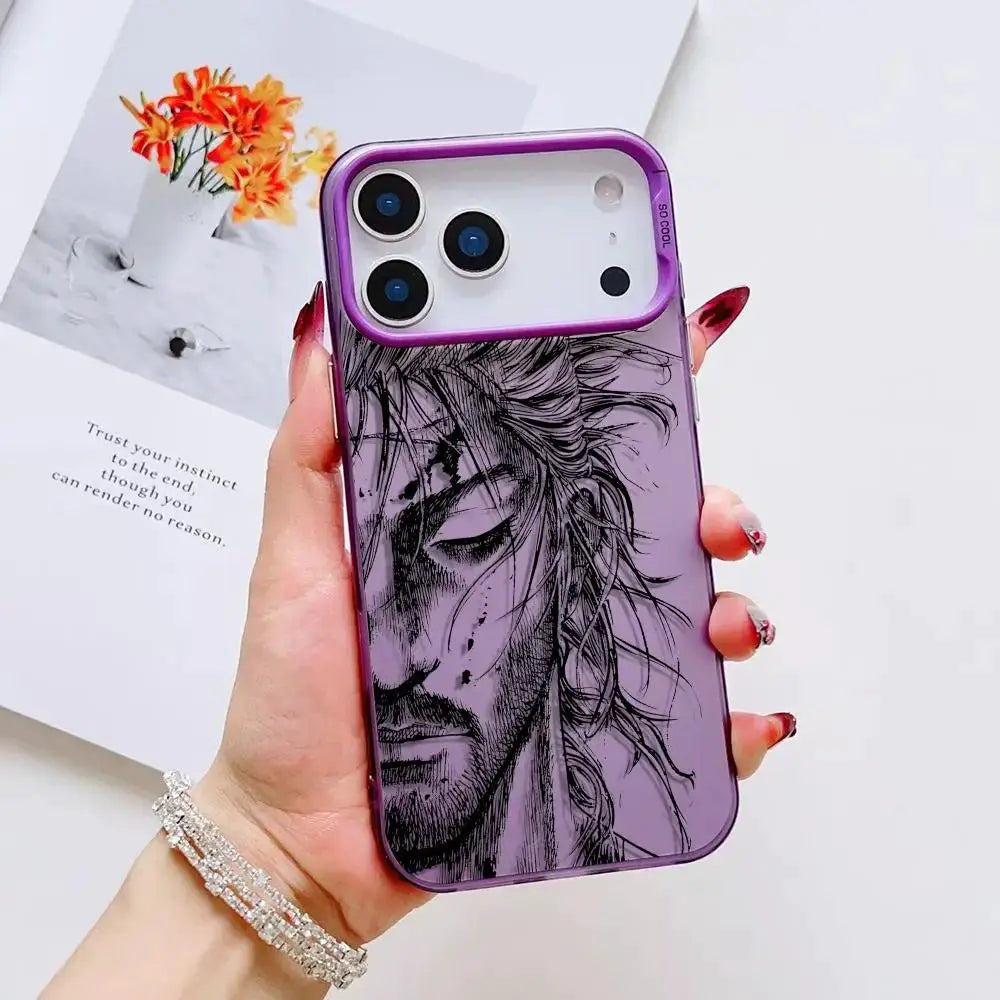 V-Vagabond S-Samurai anime iPhone case in purple with black manga-style portrait and shockproof matte frame