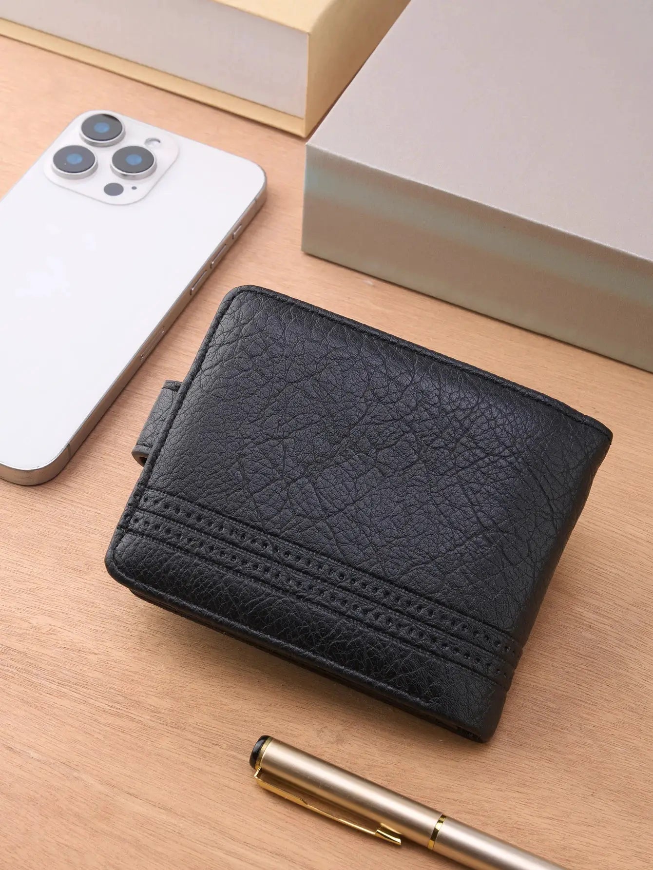 Men's black textured leather wallet with multiple card slots