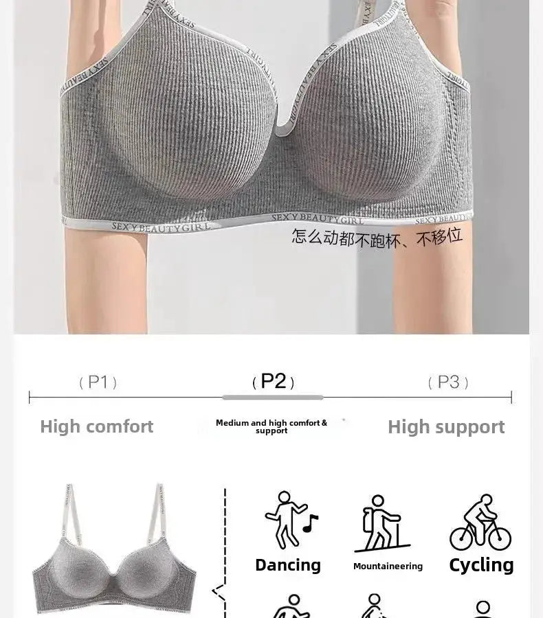 6cm thickened push-up wireless bra, seamless grey ribbed fabric, adjustable straps, anti-slip pads, Simples Market