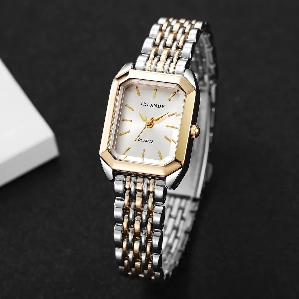 Women's rectangular watch with two-tone gold and silver stainless steel bracelet, IRLANDY quartz dial.
