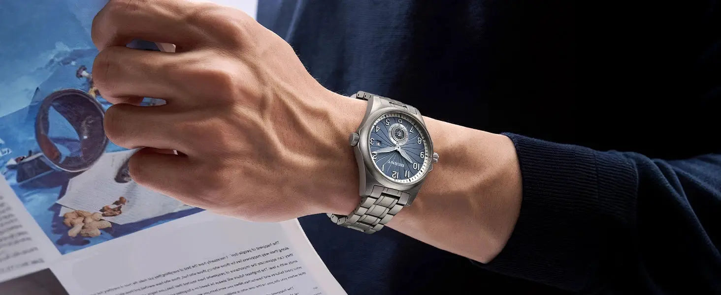 BERNY full titanium automatic men's watch with blue dial and metal bracelet