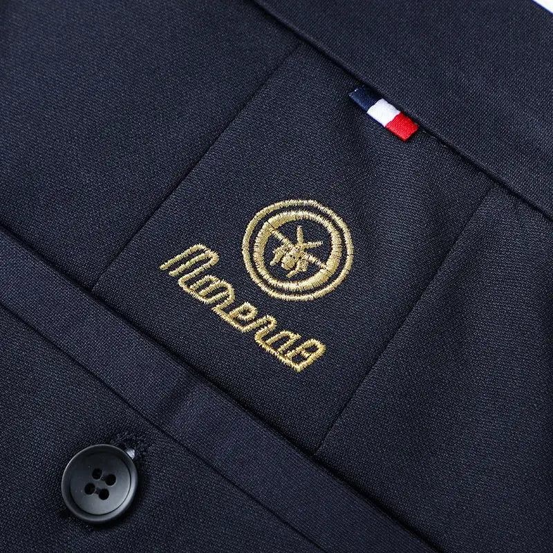 Men's navy stretch dress pants with gold Simples Market embroidery logo