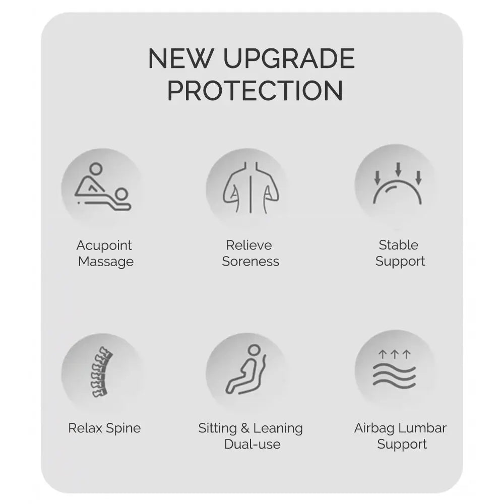 Foreverlily adjustable back massager by Simples Market infographic with six feature icons for neck, waist and lumbar support.