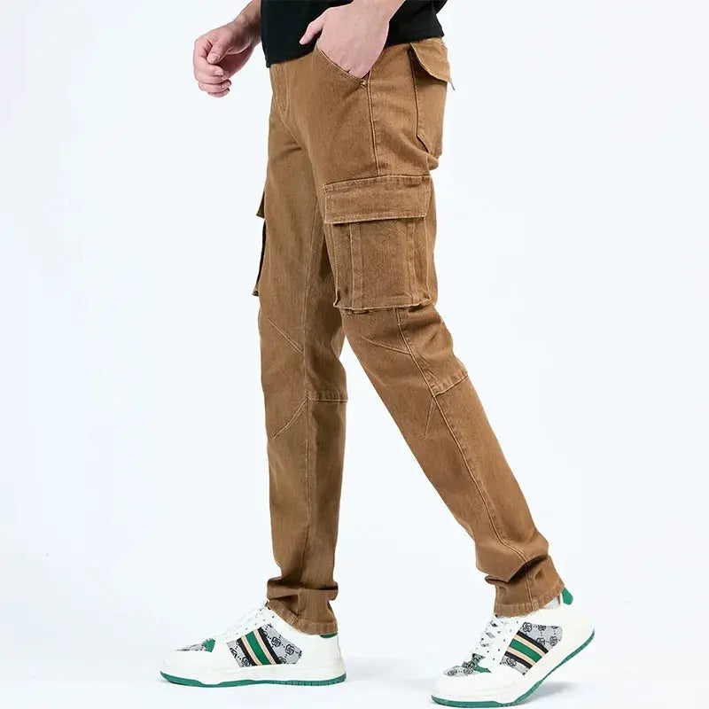 Men's street-style denim cargo pants in tan, elastic waist, slim fit with multiple pockets