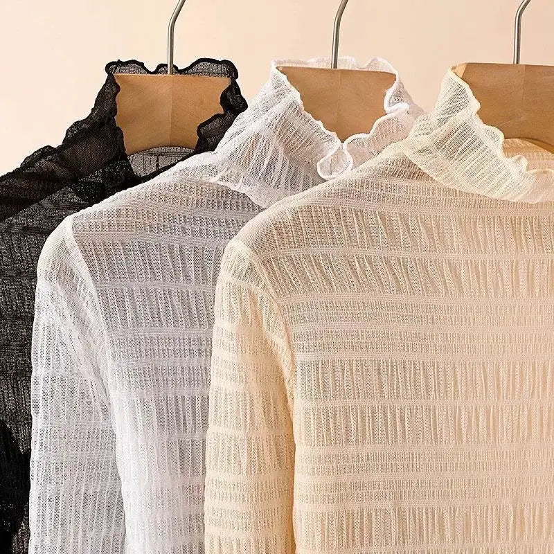 Simples Market mesh lace blouses set of 3: black, white, beige sheer long-sleeve tops