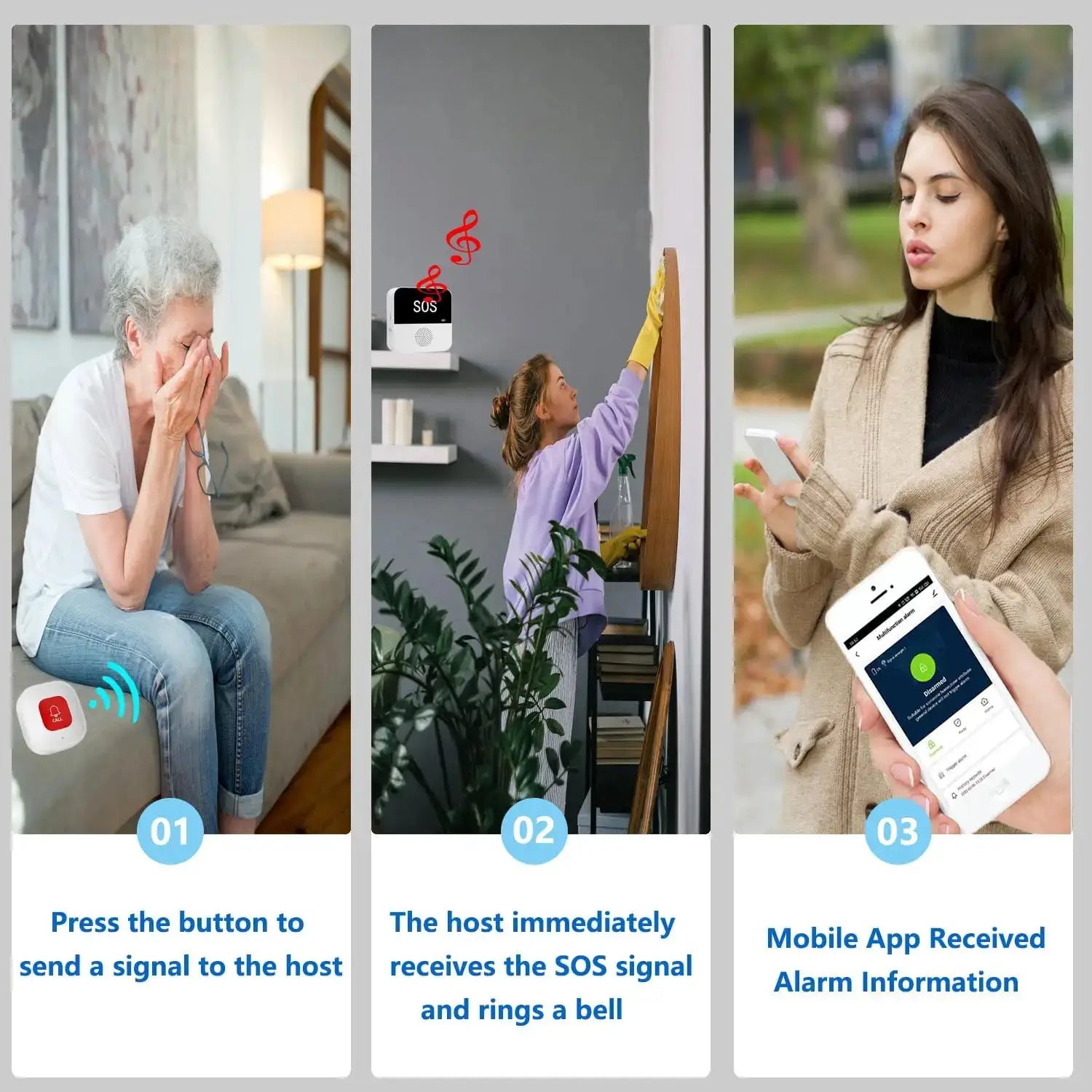 Wireless caregiver SOS pager system collage: elderly woman with button, child at door, and mobile app screen