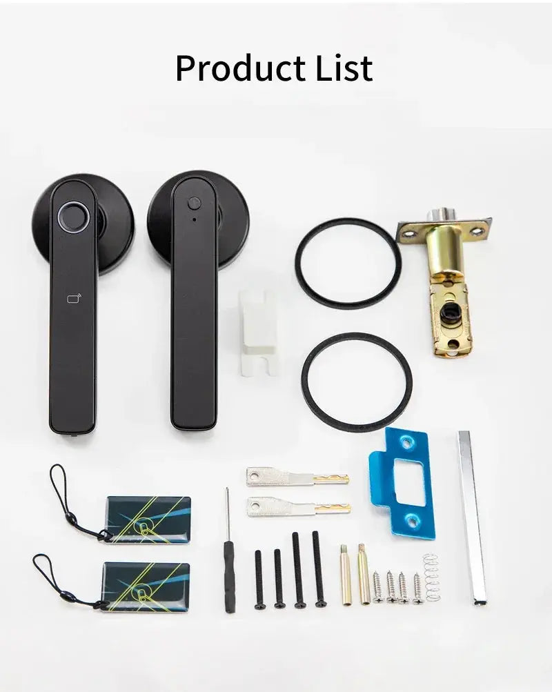 Smart Tuya Bluetooth fingerprint door lock kit for wooden doors by Simples Market with two black lever handles