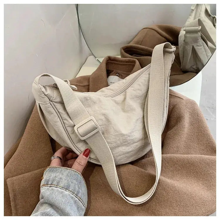 Simples Market nylon hobo crossbody bag in cream with adjustable strap, large-capacity tote