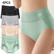 4-piece high-waisted tummy-tightening panties set by Meatin; breathable cotton, in mint green, peach, gray, and black.