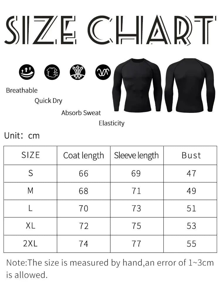 Men's black long-sleeve compression rashguard shirts, quick-dry breathable athletic tops; two shown with a cm size chart.