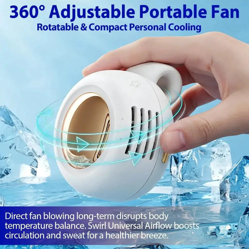 Simples Market portable clip-on bladeless fan, white with gold inner ring, compact personal cooling device.
