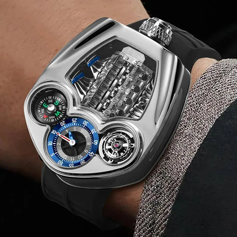 PINDU Design men's watch with silver case, blue dial, compass subdial, and silicone strap