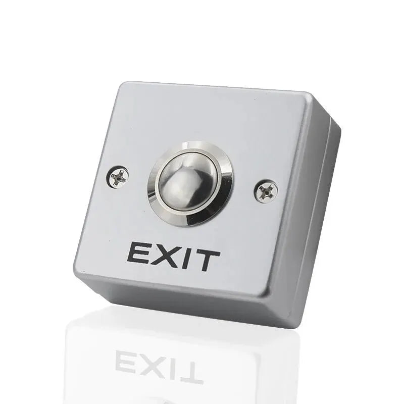 Door exit release button on zinc alloy panel, Simples Market, silver finish with EXIT label