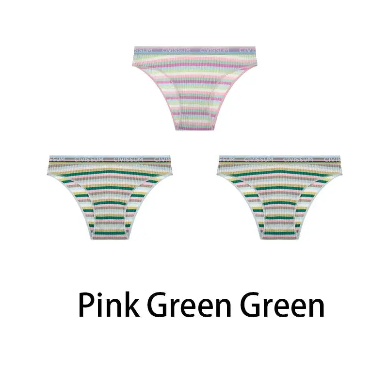 Simples Market 3-piece set of women’s cotton hipster panties, rainbow-striped low-waist briefs