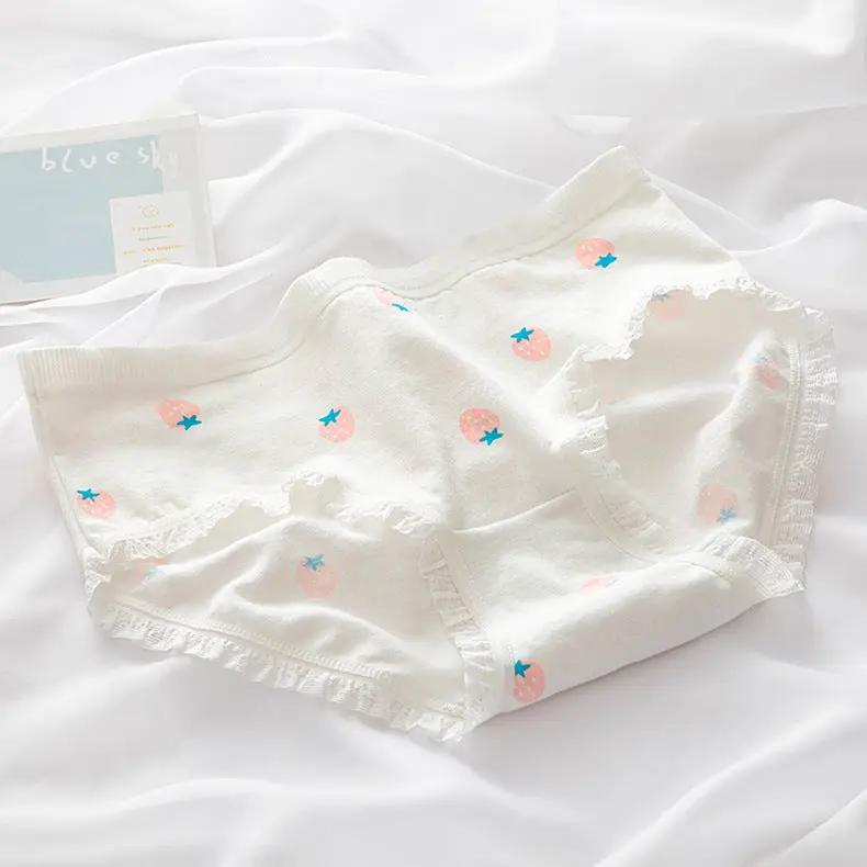 White cotton panties with lace trim and peach print, women's underwear, size M-XL