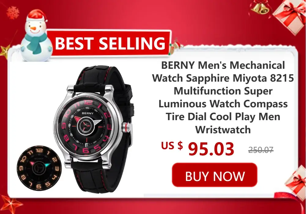 BERNY men's mechanical wristwatch with black dial, red numerals, black strap; two watches shown.
