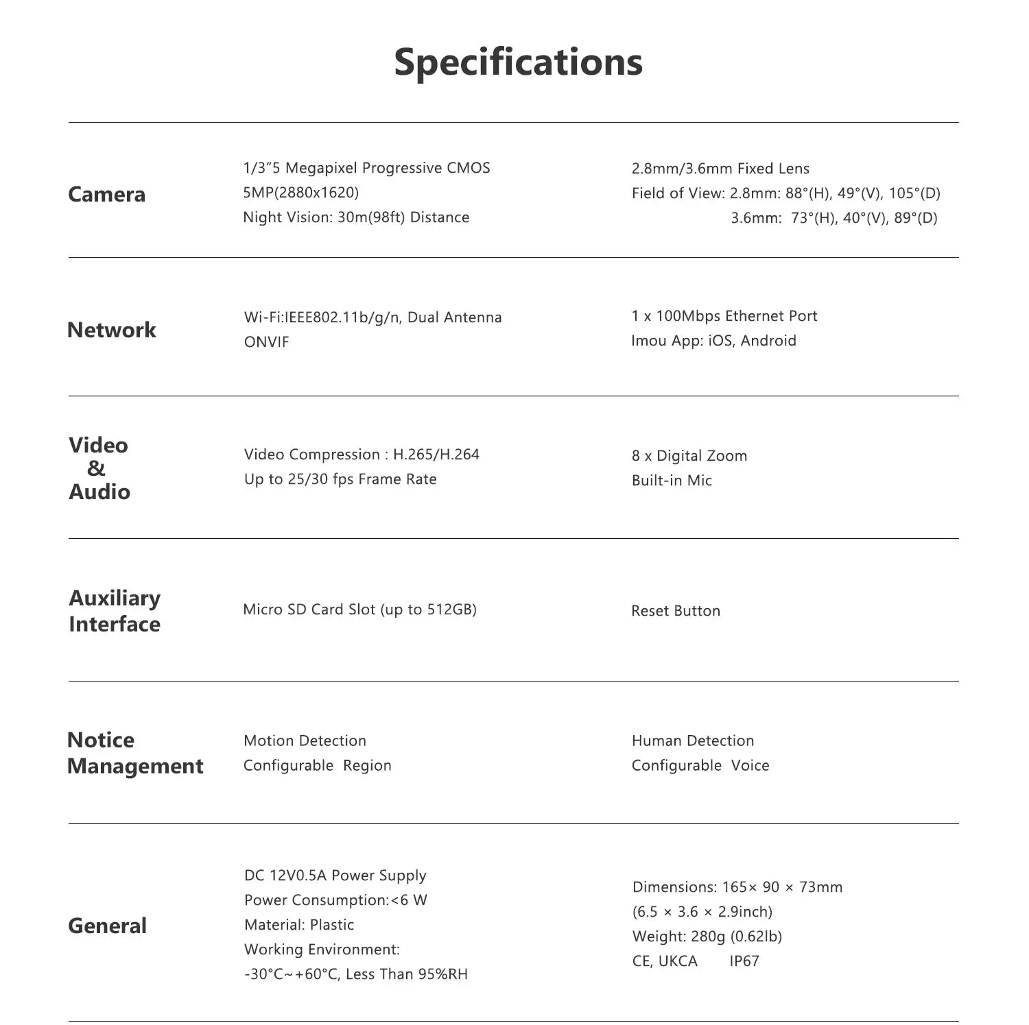 IMOU Bullet 2E 5MP outdoor Full Color WiFi camera specs sheet with IP67, built-in spotlight, night vision, fixed lens.