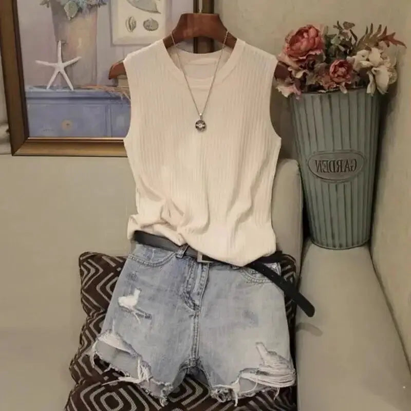 Korea Knitted Vests Women Top Lightweight Breathable High Stretch Polyester Knit For Summer Comfort
