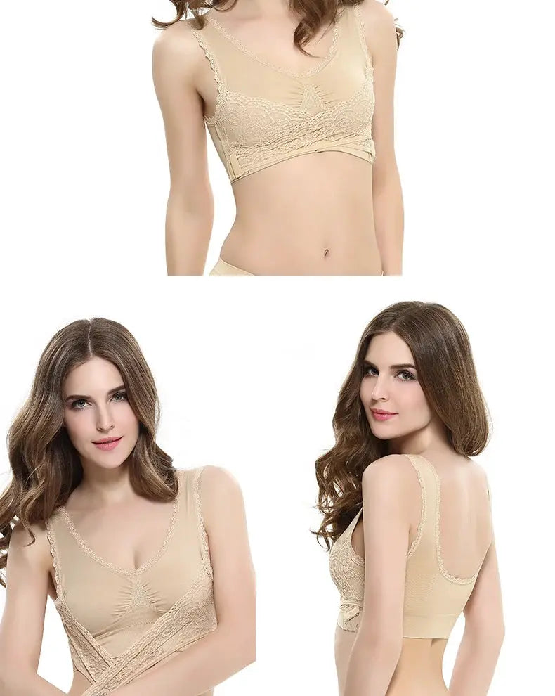 Beige lace seamless sports bra bralette with wide straps, shown in front and back views.