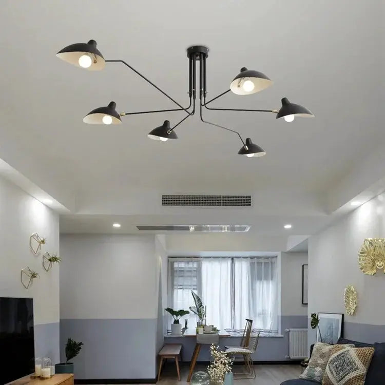 Spider pendant light by Simples Market, black metal LED ceiling chandelier with six arms.