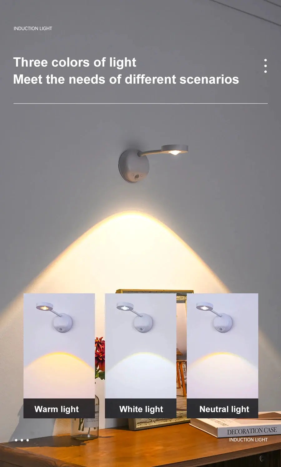 Simples Market night light motion-sensor wall lamp; USB LED, three color temperatures (warm, white, neutral)