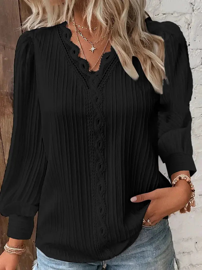 Simples Market black lace-patchwork blouse with V-neck and long sleeves