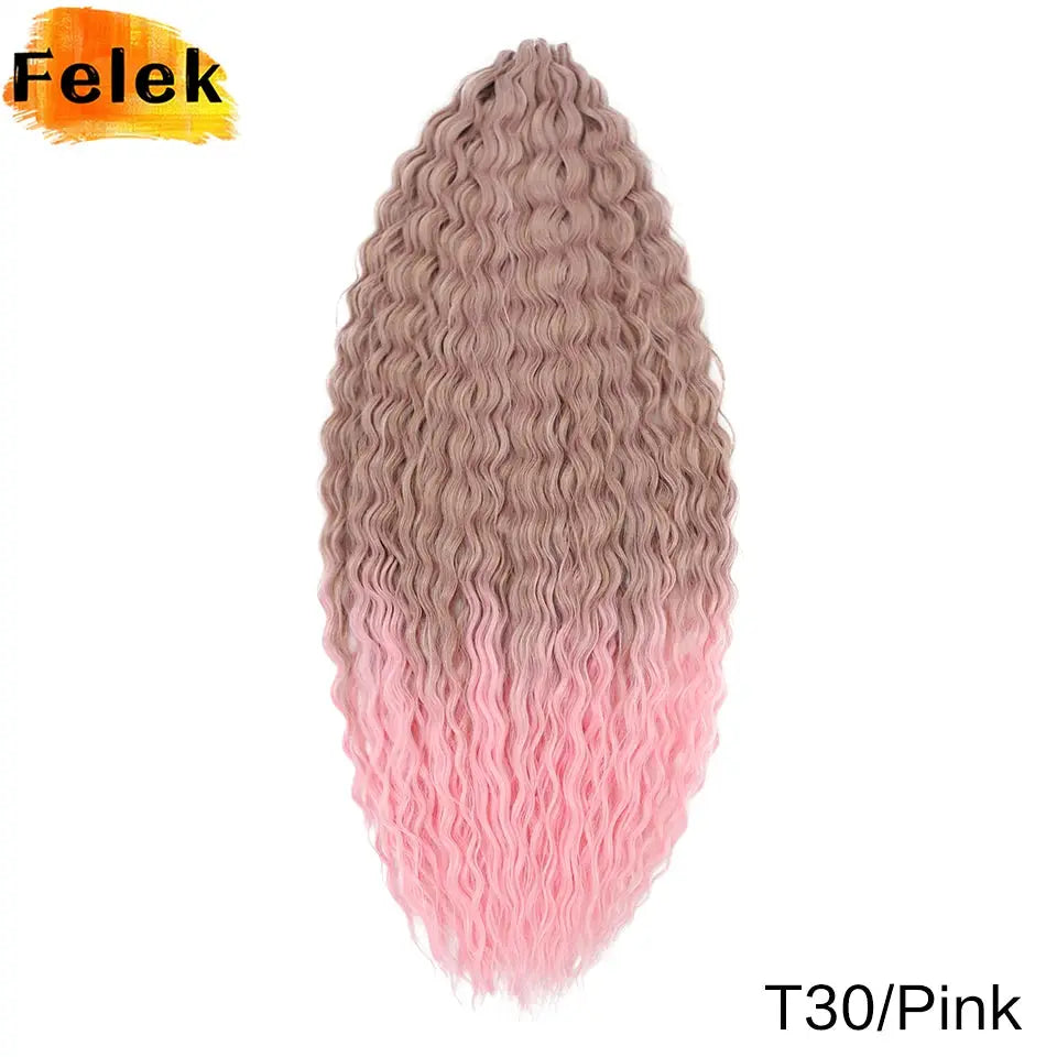 Ariel Curls crochet hair extensions, water wave twists in pink ombre, synthetic, Simples Market; Felek logo