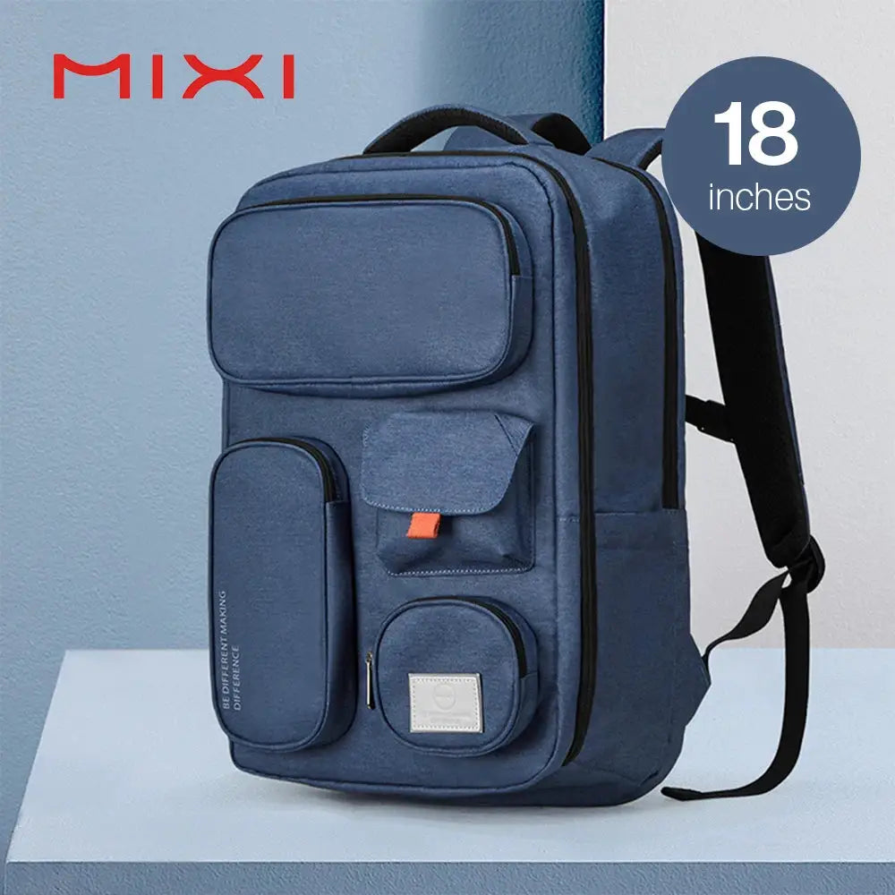 Mixi 18-inch blue outdoor backpack with multiple front pockets and a small pouch, waterproof laptop bag by Simples Market