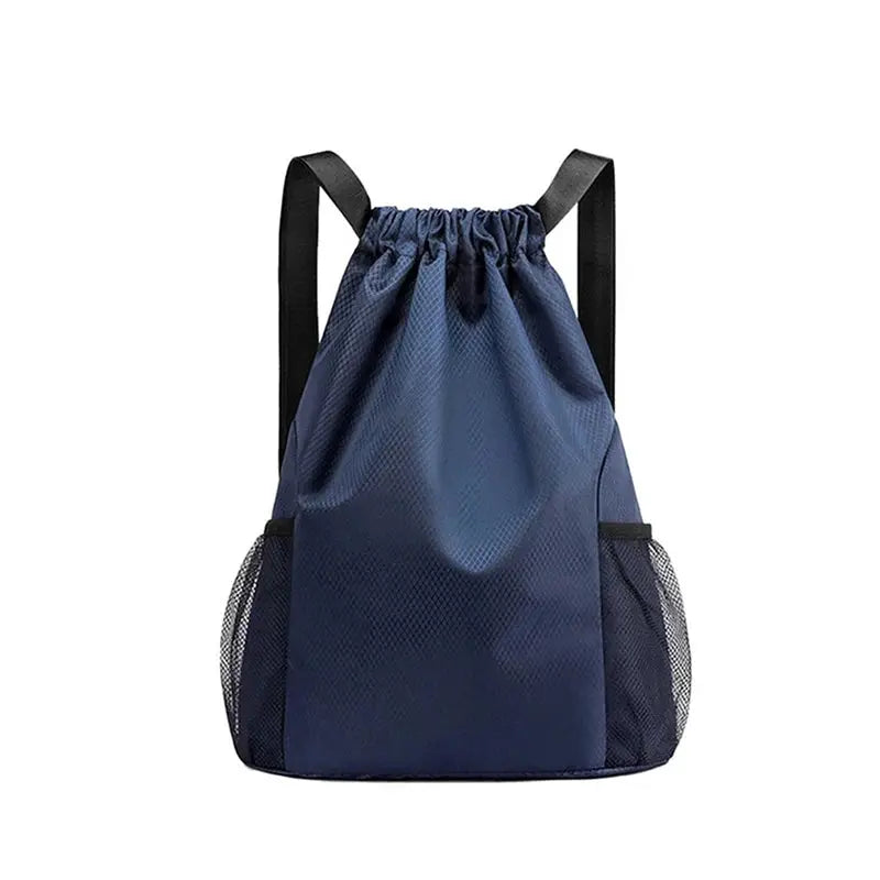 Drawstring backpack, navy blue, large capacity with mesh side pockets, unisex.