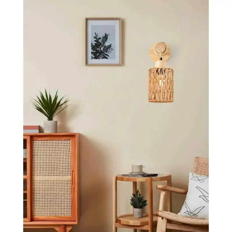 Hemp rope bedhead wall lamp with cylindrical natural beige shade and wooden mount