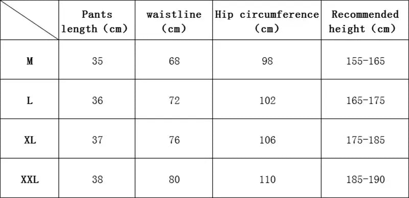 Simples Market men's gym shorts size chart with waist, hip, pants length and suggested height ranges (M–XXL).