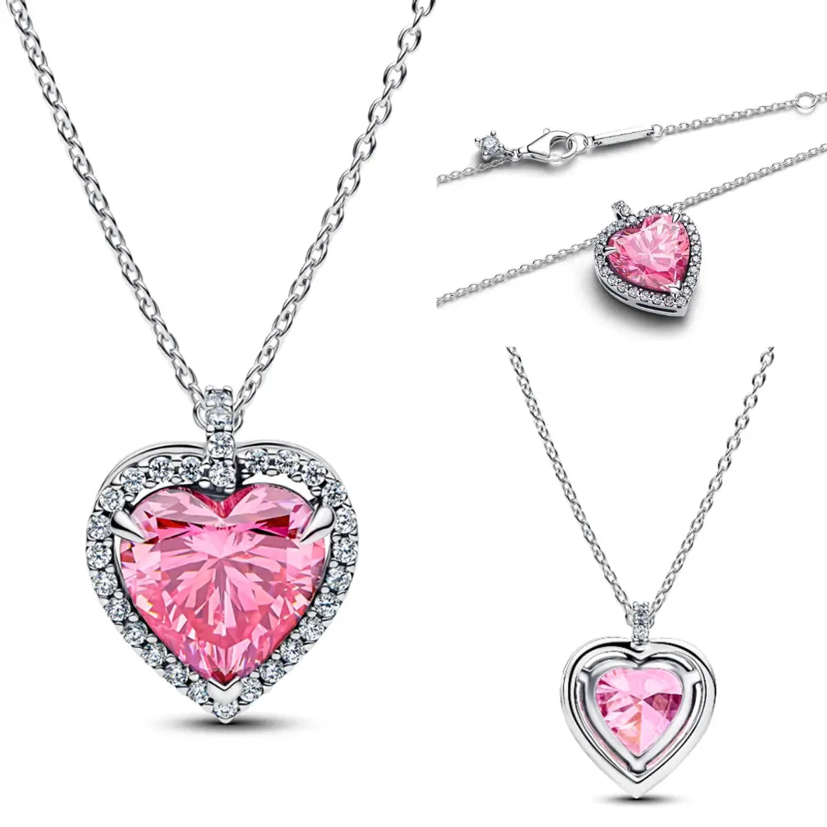 Heart pendant necklace set: four silver-tone pink crystal heart pendants with rhinestone halos.