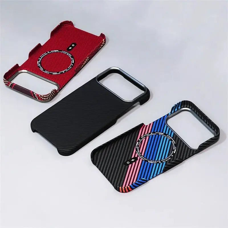 iPhone MagSafe case set by Simples Market (3-pack) in carbon-fiber patterns: red, black, and blue-pink striped