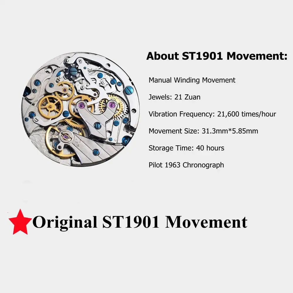 Original ST1901 movement diagram with exposed gears and blue screws; Simples Market branding.