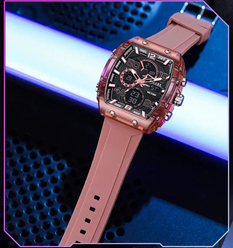 SMAEL 8109 men's square dual-display sport watch with pink silicone strap, rose-gold case, black dial.