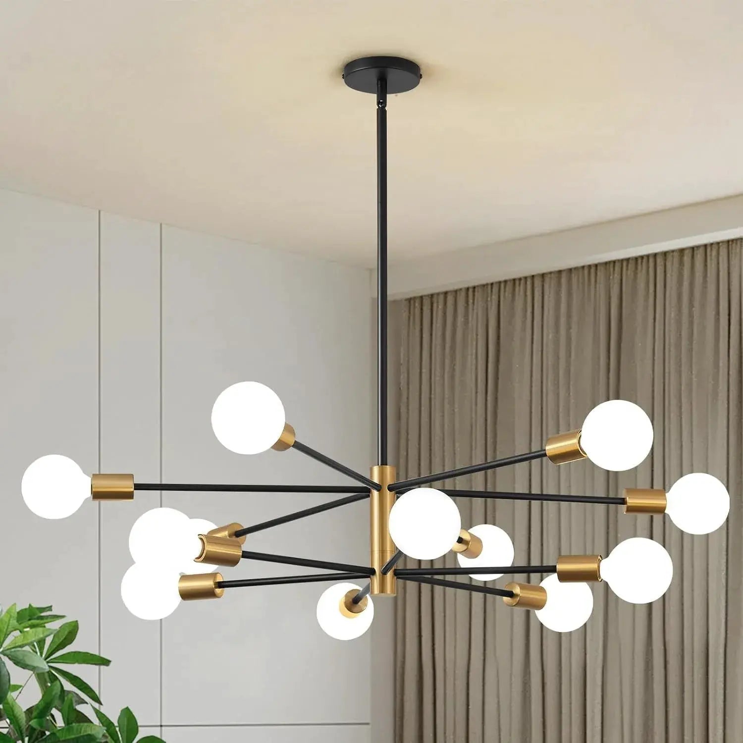 Nordic LED Chandelier by Simples Market with black metal arms, brass caps and white globe bulbs