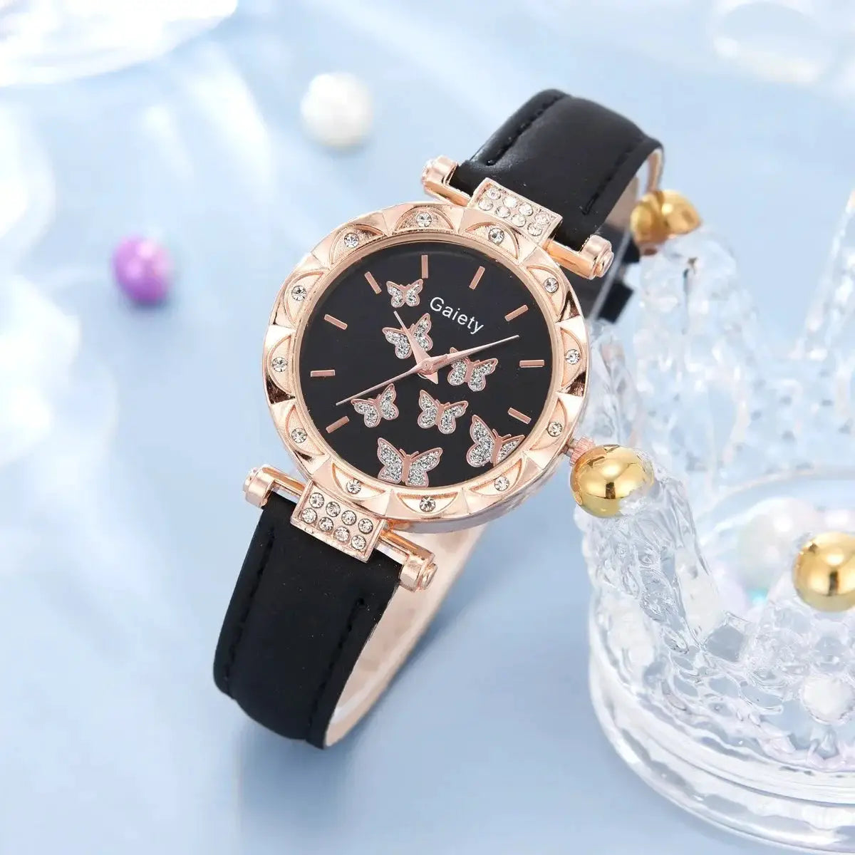 Butterfly Lane Watch Set Leather Strap Quartz Wristwatch With Matching Ring Necklace Earrings Bracelet
