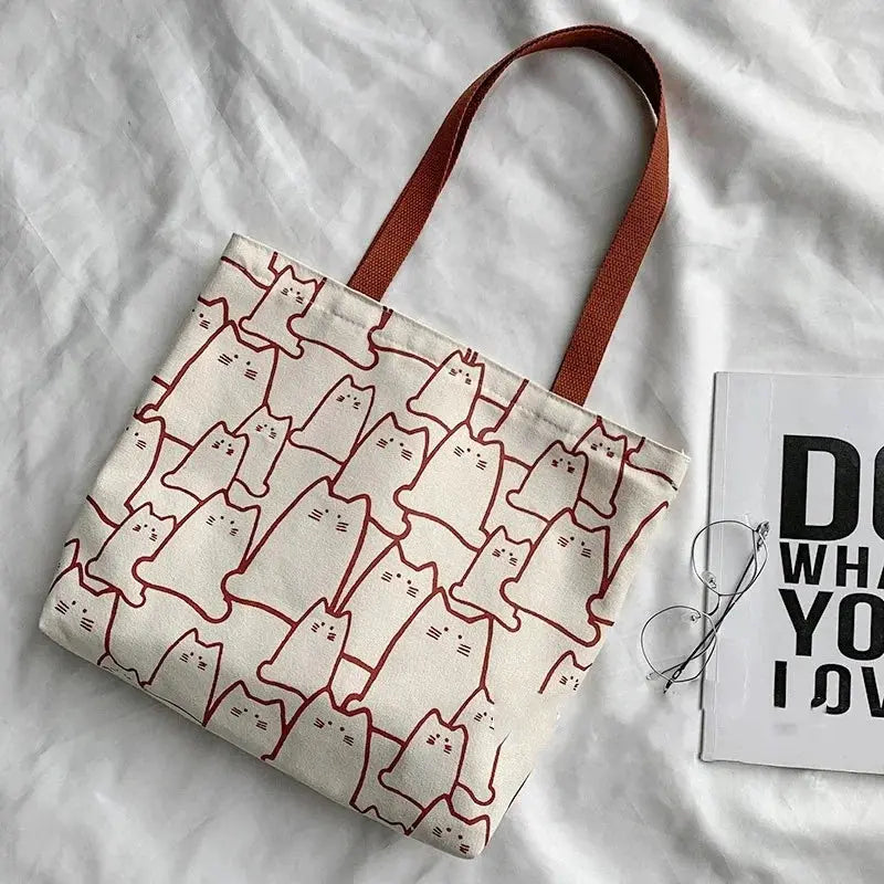 Kawaii Cat Cartoon Canvas Tote Bag For Women With Durable Zipper And Japanese Style Cat Pattern