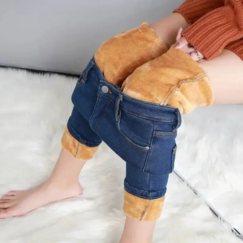 Women Thermal Skinny Jeans With Plush Lining Warm Winter Denim Pants